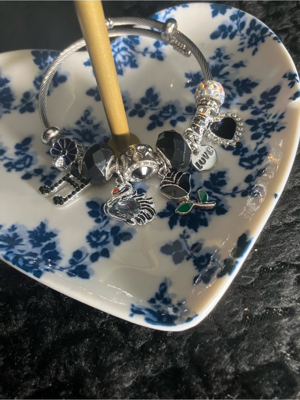 Silver Charm Bracelet with Black and Silver Charms - Unbranded